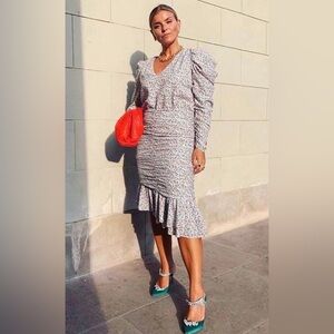 NWT Designer NOTES DU NORD Naya Ruched Midi Dress Flower Symphony 10 MSRP $280